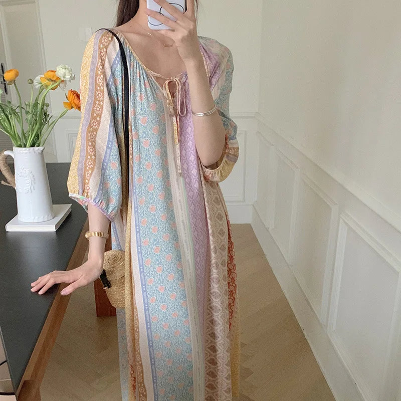 Elegant Summer Mid Sleeve Women's Silky Nightderss Bohemian Beach Vacation Skirt Plus Size Loose Loungewear Nightgowns