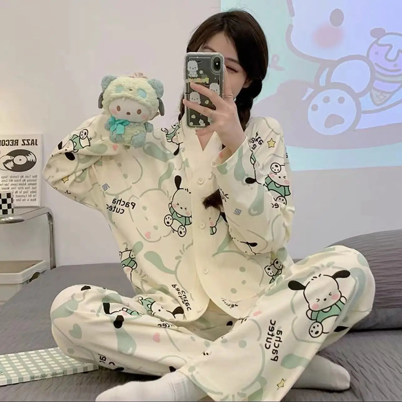 Kawaii Long-Sleeved Tops Pajamas Girl Sweet Hello Kitty Cute Pajama Pants Kuromi Casual Pants Pochacco Home Wear Set