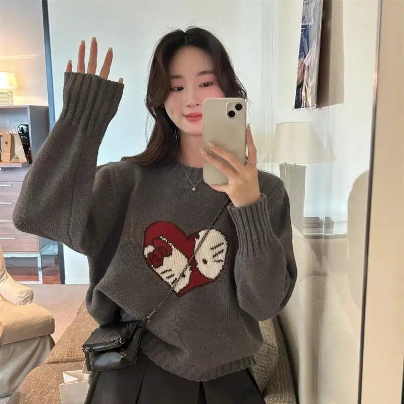 Hot Kawaii Hello Kitty Round Neck Long-Sleeved Sweater Sanrio Sweet Girl Bottoming Shirt Loose Couple Casual Inner Sweater Tops