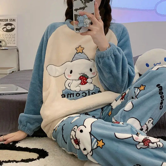 Hot Kawaii Hello Kitty Autumn Winter Pajamas Long-Sleeved Tops Sanrio Girls Flannel Pajamas Cute Cartoon Casual Home Clothes Set