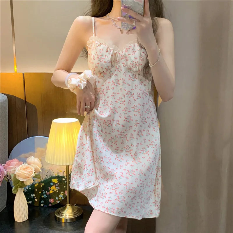 Summer Suspender Nightgown Floral Simple Pajamas Loose Women Plus Fat Mid-length Sweet Home Clothes for Women Ночная Рубашка