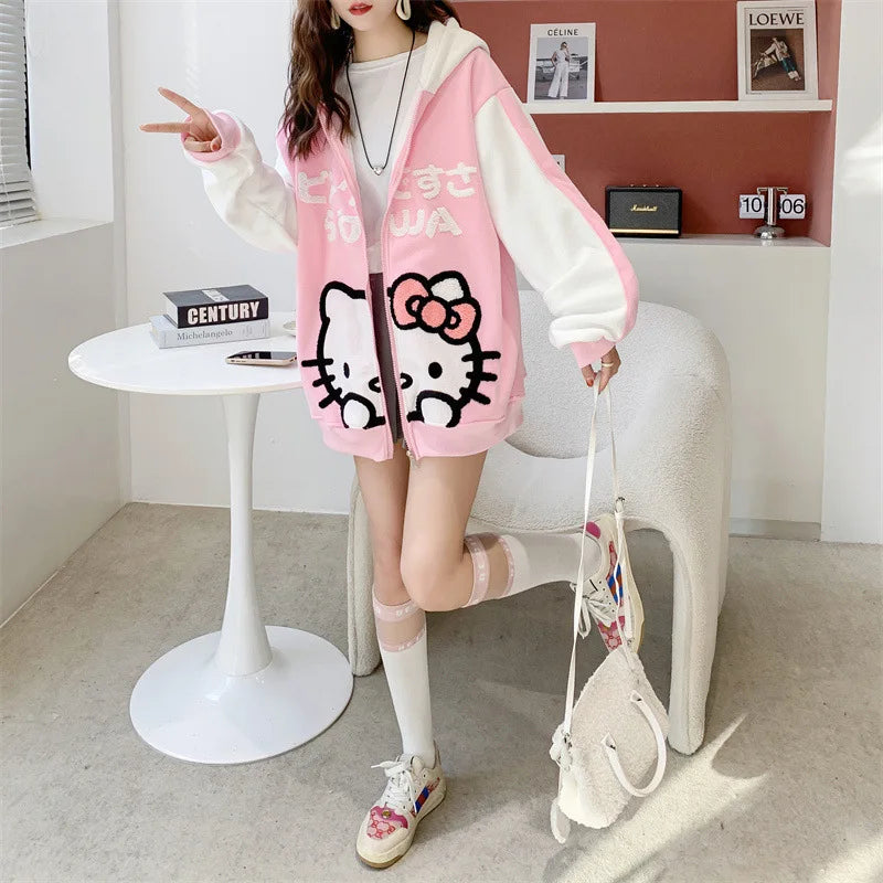 Hot Kawaii Sanrio Hellokitty Hooded Zipper Cardigan Girls Sweatshirt Autumn Winter Thickened Warm Cute Cartoon Loose Casual Tops