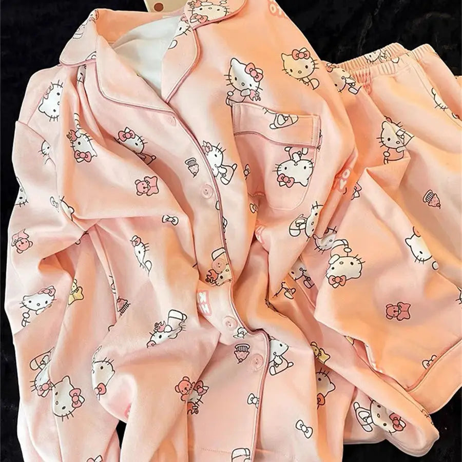 Hot Kawaii Hello Kitty Sweet Leopard Print Pajamas Pajamas Sweet Girls Long Sleeve Cute Tops Ins Pants Casual Home Wear Set