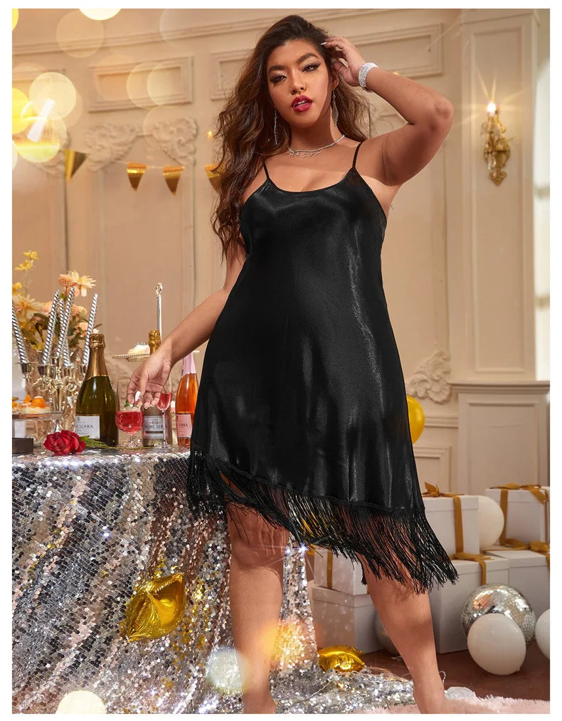 Large Size 3XL-5XL Nightgown With Tassel Black Lady Sleepdress Spaghetti Strap Nightwear Sexy Chemise Sleepwear Satin Lingerie