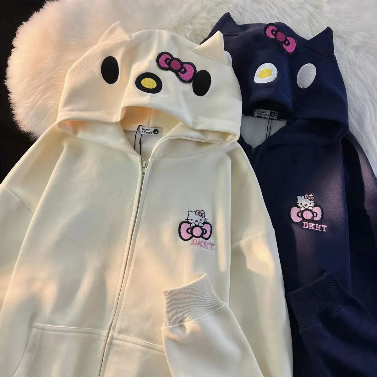 Kawaii Sanrio Hellokitty Hooded Sweatshirt Cute Girl Cardigan Sweet Coat Couple Windbreaker Loose Casual Cardigan All-Match Coat