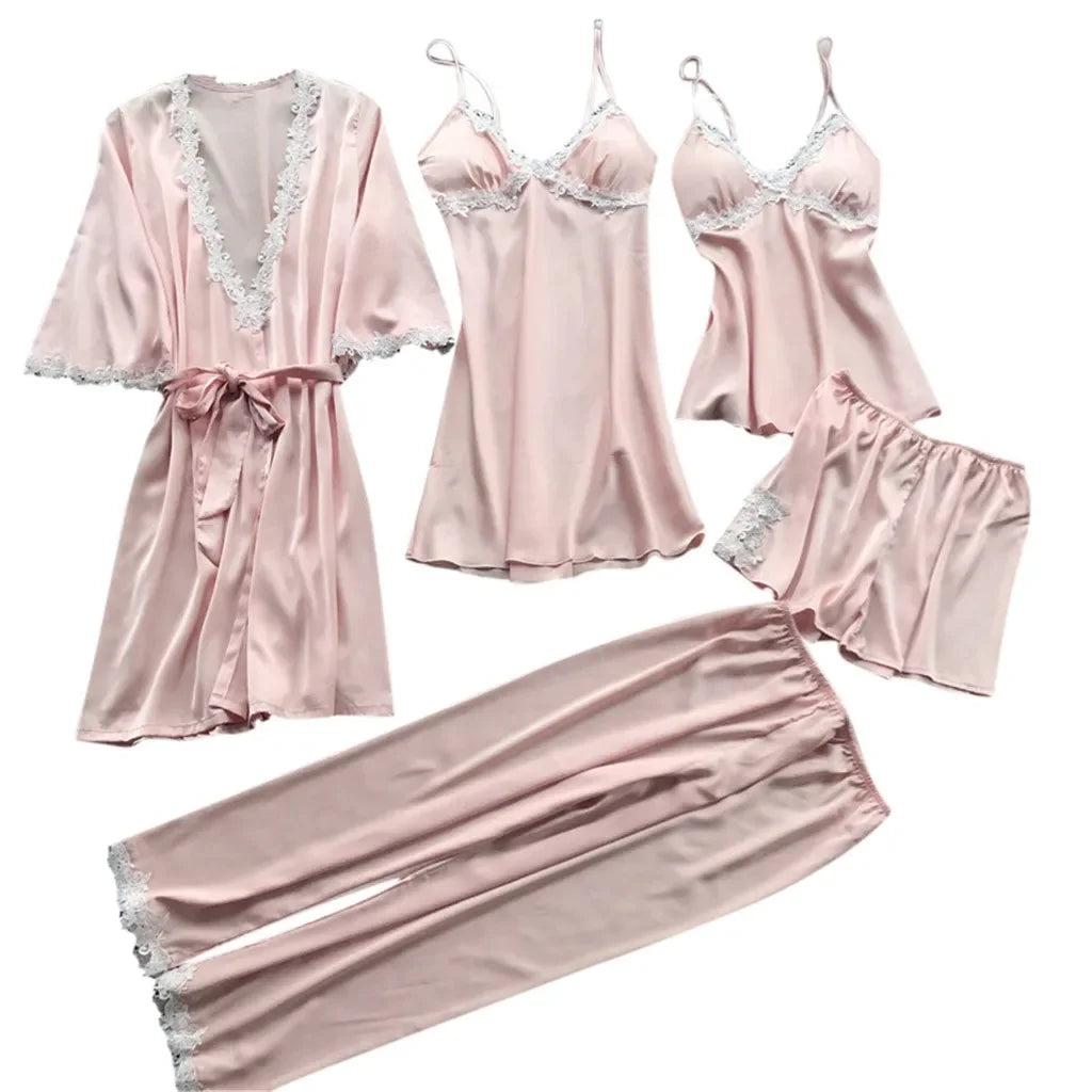 2024 Sexy Five-Piece Pajamas Women's Summer Half Sleeve Bridal Gown Plus Size Homewear Nightgown Bathrobe European and American