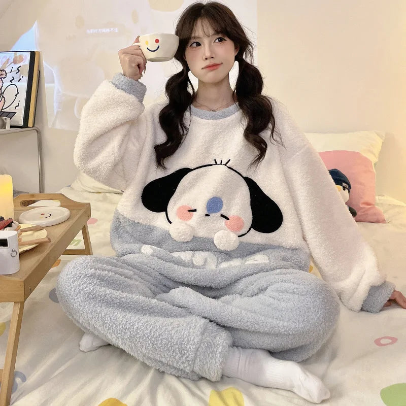 Kawaii Hello Kitty Pajama Suit Long-Sleeved Warm Tops Girl Sweet Pants Thickened Cute Round Neck Pullover Casual Home Wear Suit