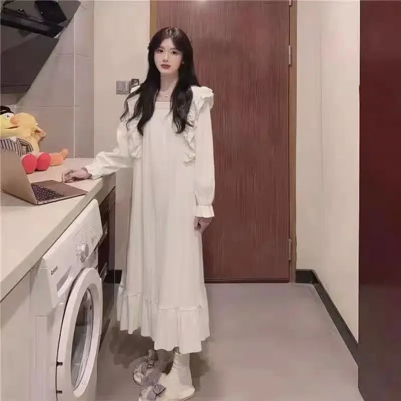 White Night Dress Women Korean Style Ruffles Pajamas Long Sleeve Solid Night Wears for Women Loose Nightgown for Sleep Ladies