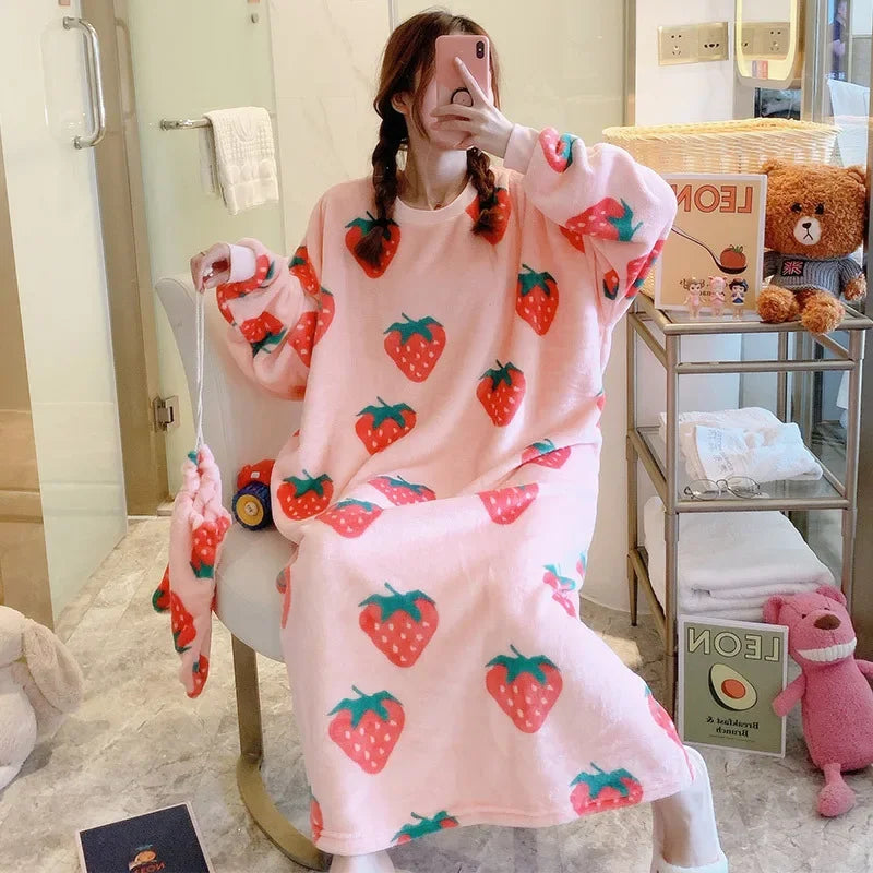 100kg Large Size Winter Flannel Nightgown Women Korean Student Cartoon Coral Velvet Sleepwear Long Sleeve Thick Warm Home Dress