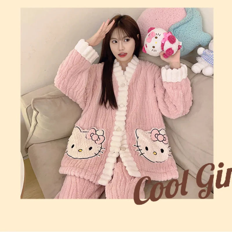 Hot Kawaii Hello Kitty Autumn Winter Coral Velvet Pajamas 2Pcs Set Thickened Pajamas Y2K Girl Cartoon Cute Casual Home Wear Set