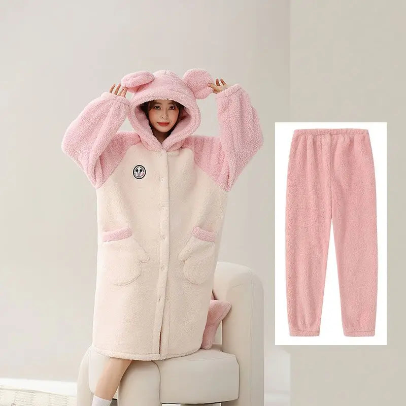 Kawaii Hello Kitty Hooded Pajamas Pajamas Girls Autumn Winter Long-Sleeved Tops Sanrio Thickened Bathrobe Casual Home Wear Set