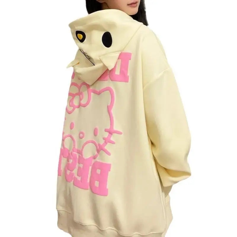 Kawaii Sanrio Hellokitty Hooded Sweatshirt Cute Girl Cardigan Sweet Coat Couple Windbreaker Loose Casual Cardigan All-Match Coat