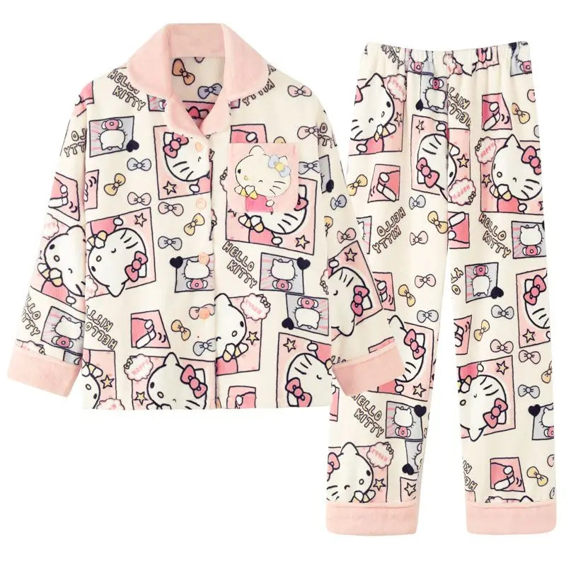 Kawaii Hello Kitty Coral Velvet Pajamas Set, Y2K Cartoon, Long-Sleeved Sanrio Tops, Cute Casual Warm Home Clothes Set, Hot