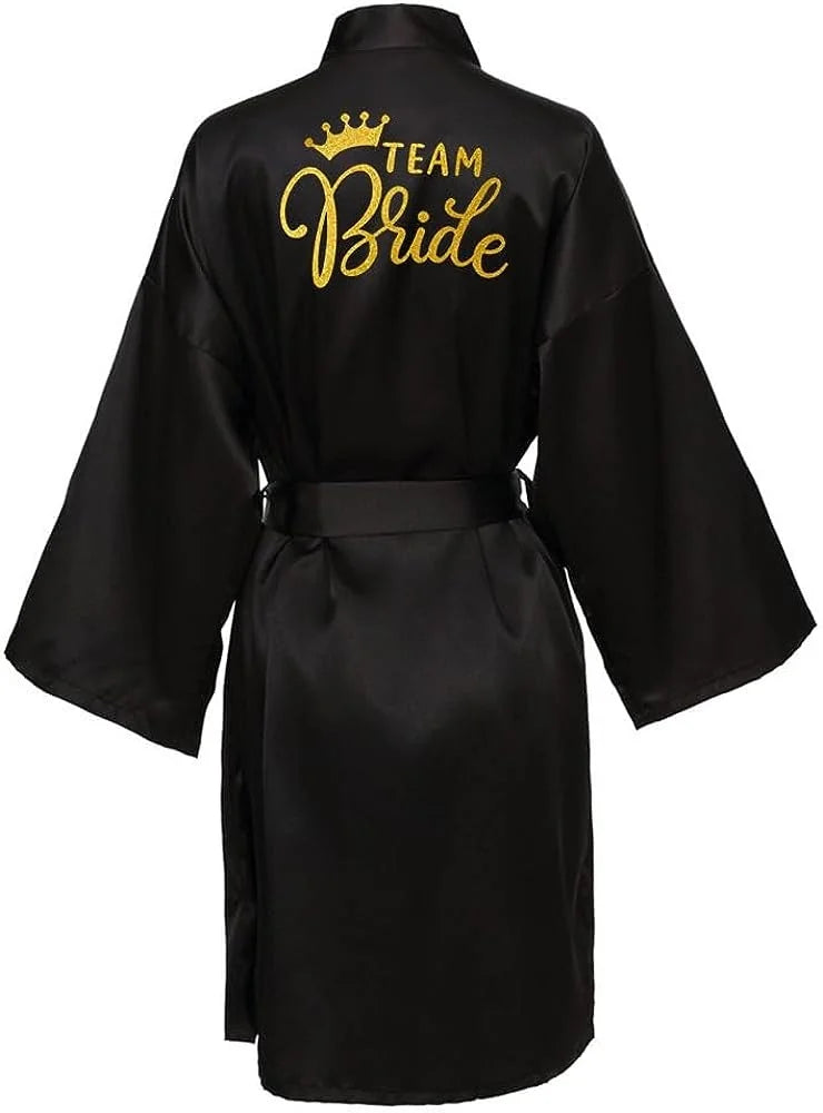 Bride Bridesmaid Wedding Robe Kimono Bathrobe Nightgown Satin Women Nightwear Sleepwear Gold Letter