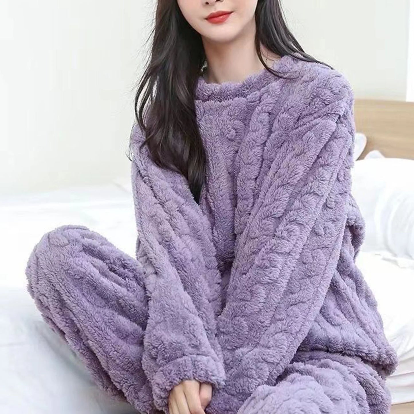 New Pajama Sets Women's Solid Long Sleeve Winter Woman Fluffy Pijama Suit with Pants Thick Warm Fleece Home Clothes for Female