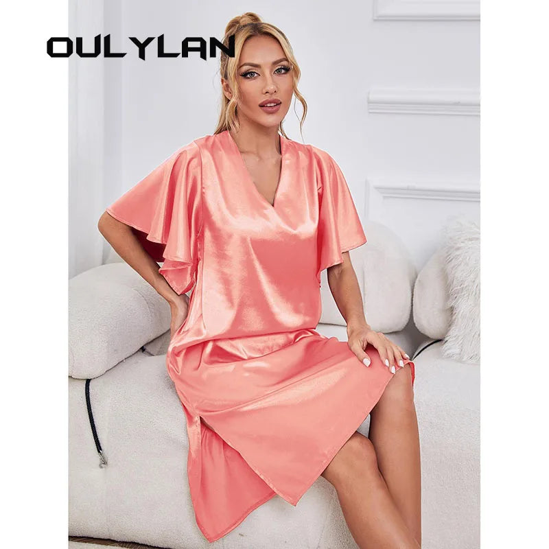 Loose Casual Sexy Home Wear Dress Sexy Nightgown Women Sleep Dress Summer High-end Thin Ice Silk Pajamas