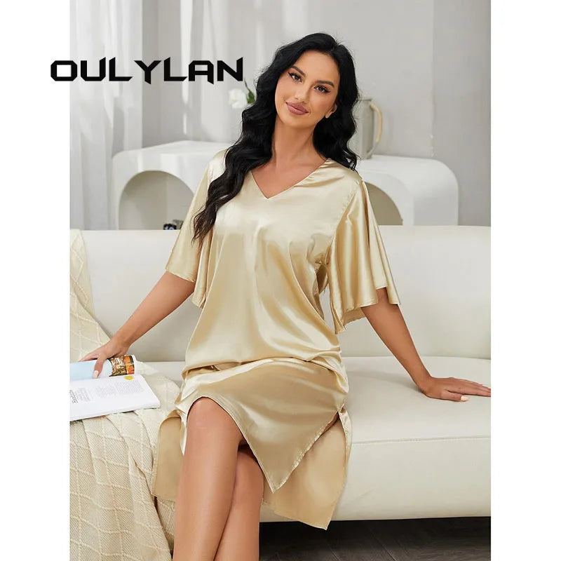 Loose Casual Sexy Home Wear Dress Sexy Nightgown Women Sleep Dress Summer High-end Thin Ice Silk Pajamas