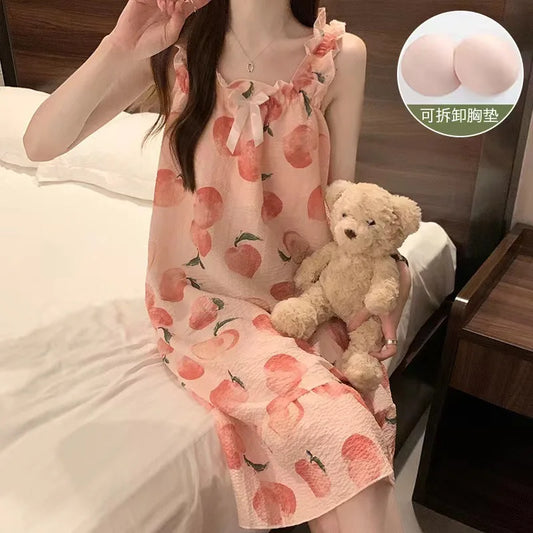 Plus Size Summer Suspender Nightdress with Chest Pad Korean Sleep Dress Loose Pajamas Outerwear Ruffle Thin Cartoon Loungewear