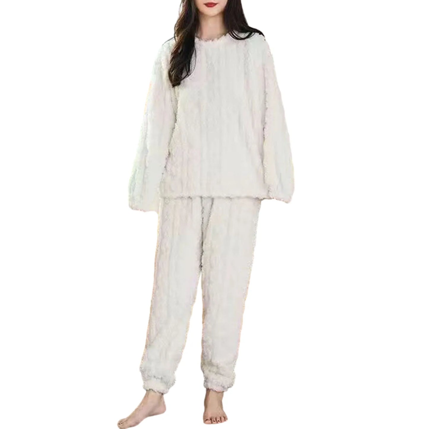 New Pajama Sets Women's Solid Long Sleeve Winter Woman Fluffy Pijama Suit with Pants Thick Warm Fleece Home Clothes for Female