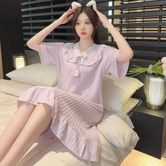 5XL Plus Size Short Sleeve Nightgown Women Japanese Ins Style Pajamas Cotton Homewear Summer Solid Loose Home Dress Sleepwear