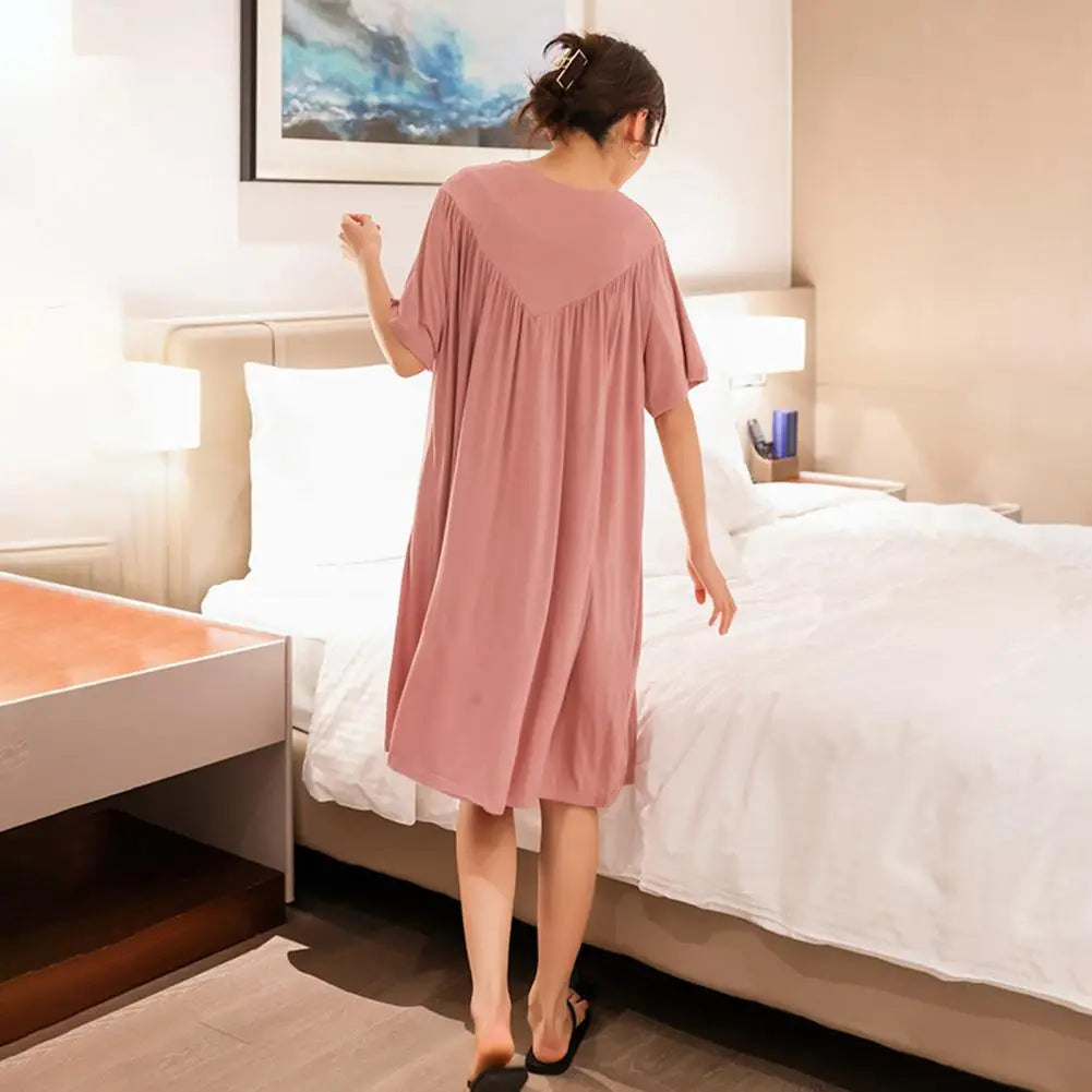 Women Night Dress Pleated Thin Short Sleeves Round Neck Loose Sleeping Solid Color Knee Length Sleepwear Home Dress Women