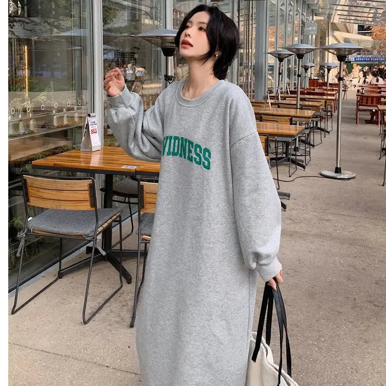 2024New Women Long Sleeve Round Neck Nightgowns Long Casual Homewear Knitted Sleepwear Party Dresses Letter Printed Home Clothes