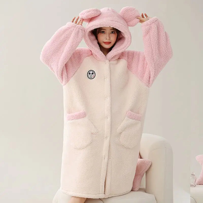 Kawaii Hello Kitty Hooded Pajamas Pajamas Girls Autumn Winter Long-Sleeved Tops Sanrio Thickened Bathrobe Casual Home Wear Set