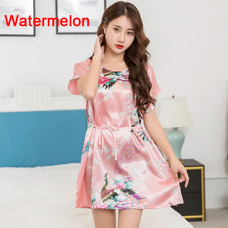 Women Short Sleeve Satin Sleepwear Silk Nightgown Nightdress Women Night Dress Ladies Fuax Silk Robes Nightwear