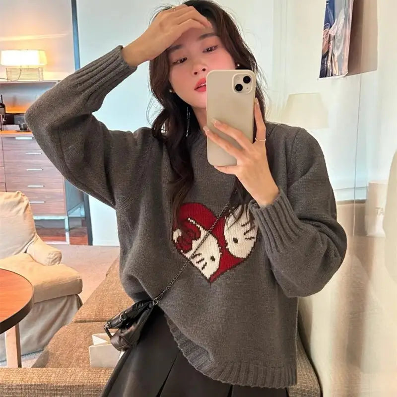 Hot Kawaii Hello Kitty Round Neck Long-Sleeved Sweater Sanrio Sweet Girl Bottoming Shirt Loose Couple Casual Inner Sweater Tops