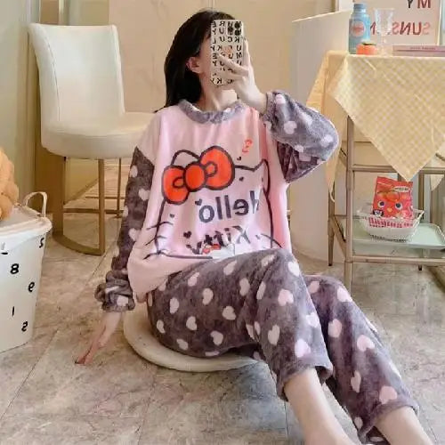 Hot Kawaii Hello Kitty Coral Velvet Pajamas Long-Sleeved Y2K Sanrio Tops Girls Pajama Pants Cute Cotton Jacket Casual Home Wear