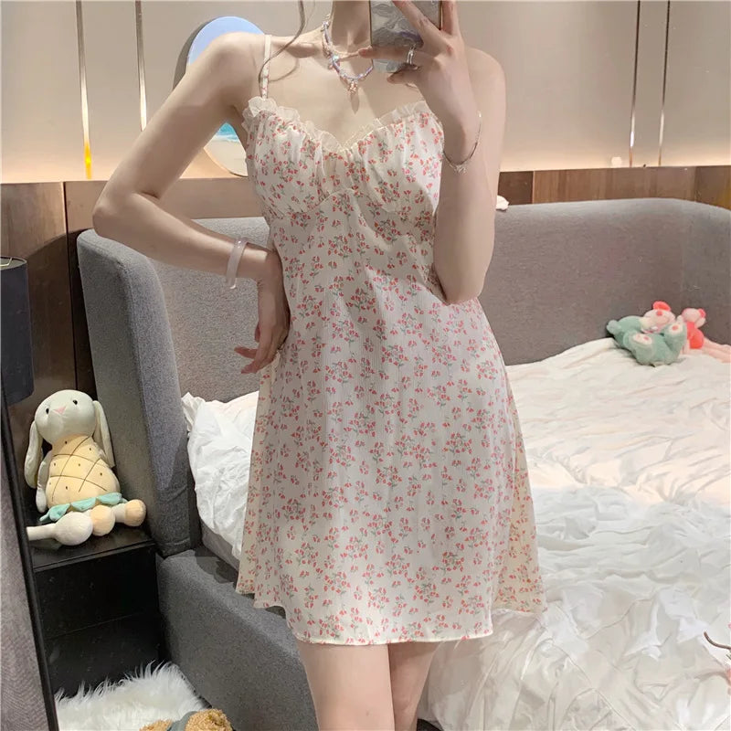 Summer Suspender Nightgown Floral Simple Pajamas Loose Women Plus Fat Mid-length Sweet Home Clothes for Women Ночная Рубашка