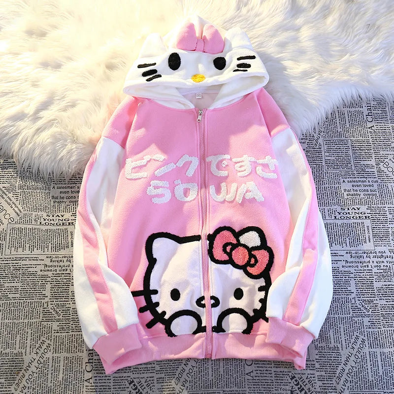 Hot Kawaii Sanrio Hellokitty Hooded Zipper Cardigan Girls Sweatshirt Autumn Winter Thickened Warm Cute Cartoon Loose Casual Tops