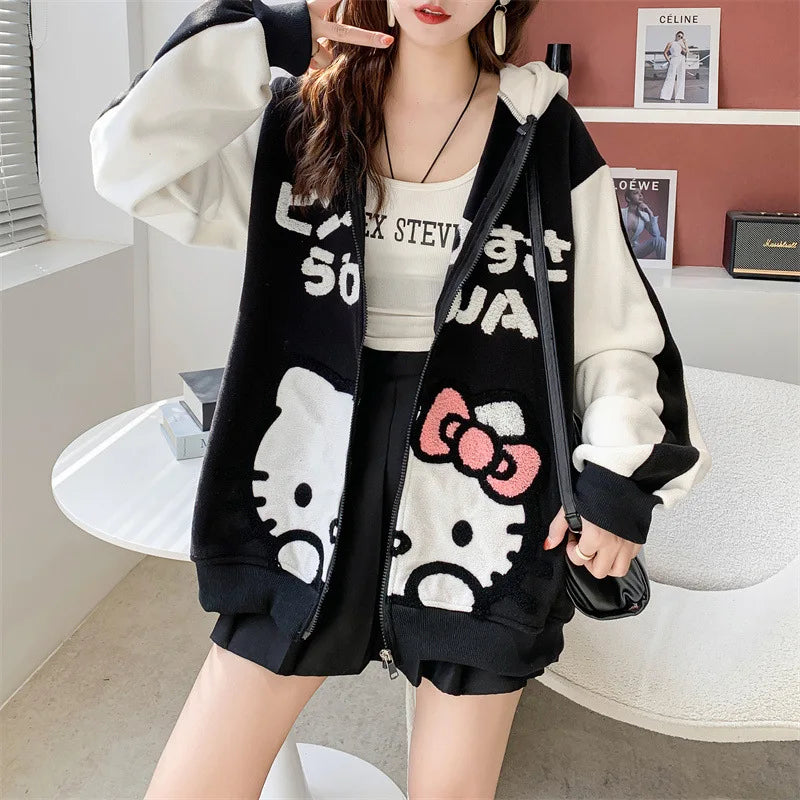 Hot Kawaii Sanrio Hellokitty Hooded Zipper Cardigan Girls Sweatshirt Autumn Winter Thickened Warm Cute Cartoon Loose Casual Tops