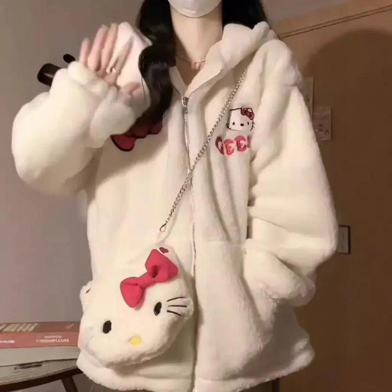 Hot Kawaii Sanrios Hellokitty Hooded Sweatshirt Girls Autumn Winter Cute Loose Cardigan Thickened Couple Casual Versatile Jacket