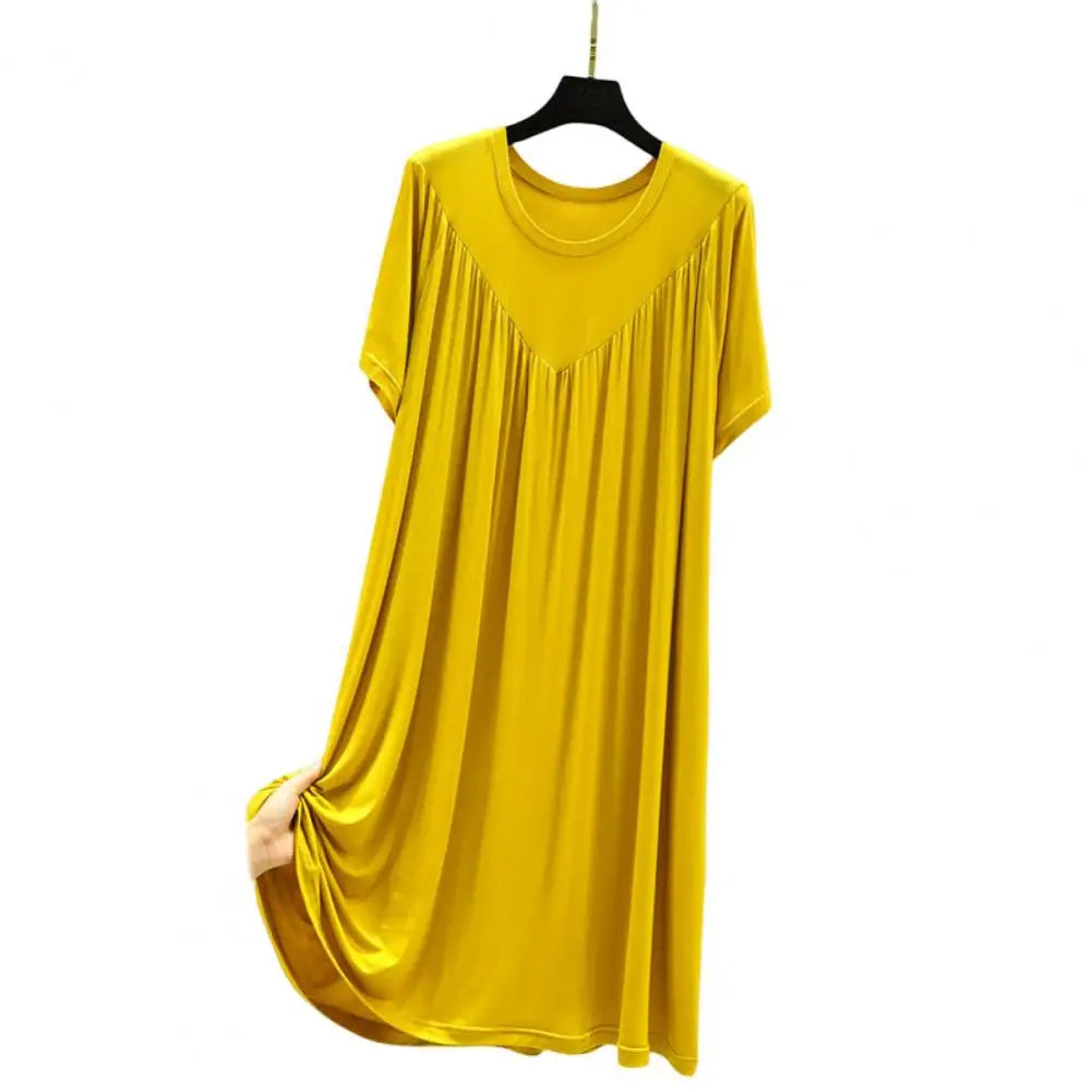 Women Night Dress Pleated Thin Short Sleeves Round Neck Loose Sleeping Solid Color Knee Length Sleepwear Home Dress Women