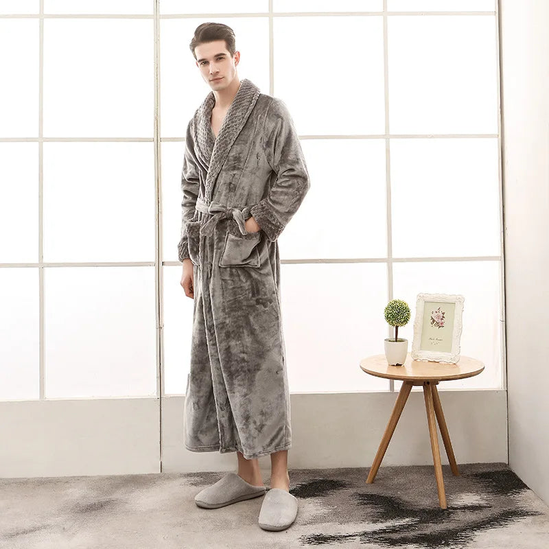 Night Dress Women Bathrobe Flannel Robe Women's Winter Lengthened Coralline Plush Shawl Bathrobe Long Sleeved Warm Bath Robe Men