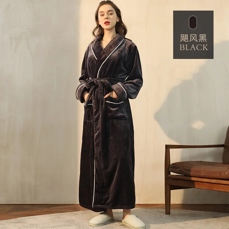 Night Dress Women Bathrobe Flannel Robe Women's Winter Lengthened Coralline Plush Shawl Bathrobe Long Sleeved Warm Bath Robe Men