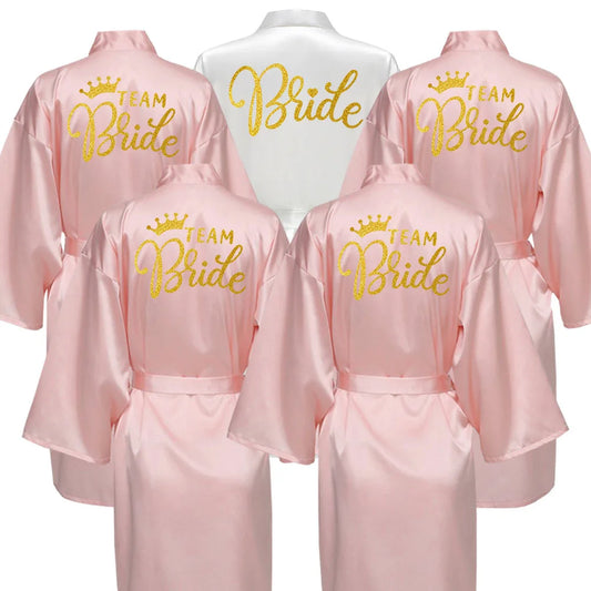 Bride Bridesmaid Wedding Robe Kimono Bathrobe Nightgown Satin Women Nightwear Sleepwear Gold Letter