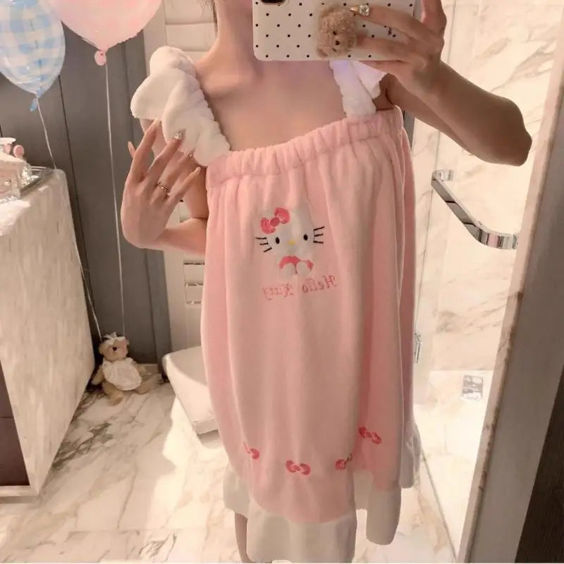 Ins Tagram Kawaii Hello Kitty Camisole Dress for Girls Cute and Sweet Shoulder Sleepwear Bath Towel Bathrobe Casual Home Wear ﻿