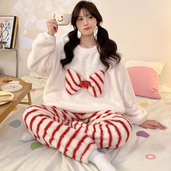 Kawaii Hello Kitty Pajama Suit Long-Sleeved Warm Tops Girl Sweet Pants Thickened Cute Round Neck Pullover Casual Home Wear Suit