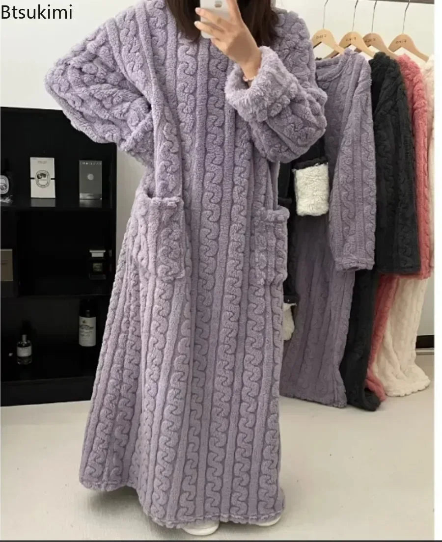 2025New Winter Warm Flannel O-Neck Long Sleeve Dress Casual Oversize Sleepwear Loose Thick Long Dress Lady Pajamas Chic Homewear