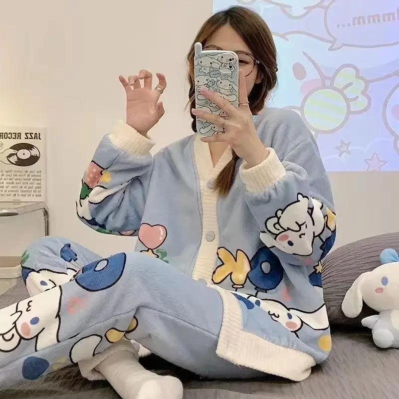 Hot Kawaii Hellokitty V-Neck Pajamas Girl Cute Sweet Home Clothes Sanrio My Melody Autumn Winter Flannel Cotton Suit Casual Wear