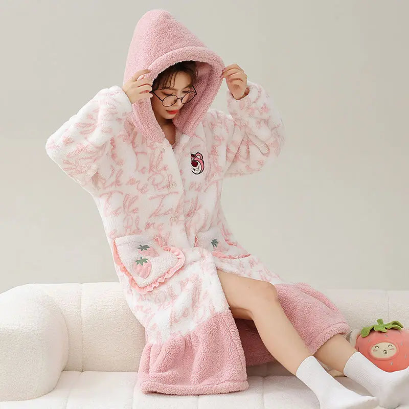 Kawaii Hello Kitty Hooded Pajamas Pajamas Girls Autumn Winter Long-Sleeved Tops Sanrio Thickened Bathrobe Casual Home Wear Set