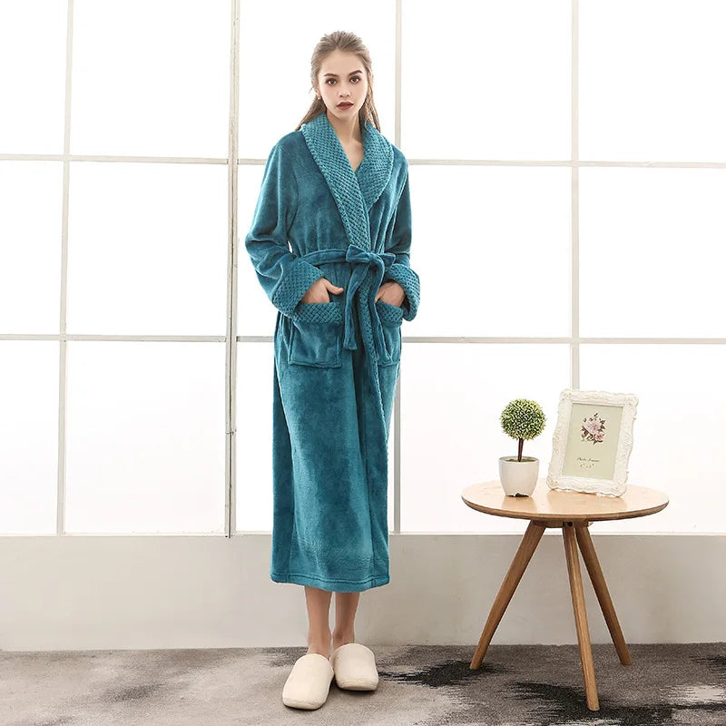 Night Dress Women Bathrobe Flannel Robe Women's Winter Lengthened Coralline Plush Shawl Bathrobe Long Sleeved Warm Bath Robe Men