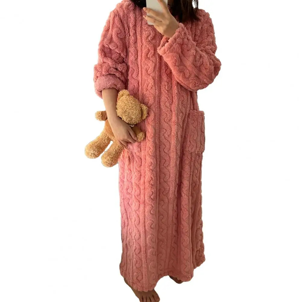 Winter Nightgown Thick Coral Fleece Loose Pockets Warm Women Pajama Dress Twisted Texture Thermal Homewear Lady Nightdress