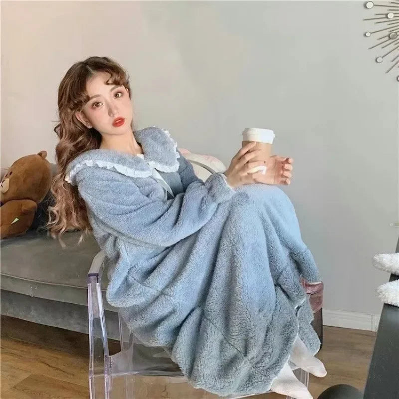 Thickened Warm Coral Velvet Nightgown Female Autumn and Winter One-Piece Pajamas Student Homewear Solid Sleepwear Loungewear