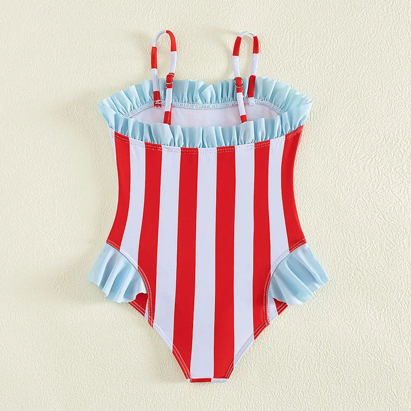 4-7 years Girls Swimsuit Summer Bikini Set One-Piece Stripe Ruffle Sets Kids Girls Sunscreen Beach Swimwear ( excellent quality )