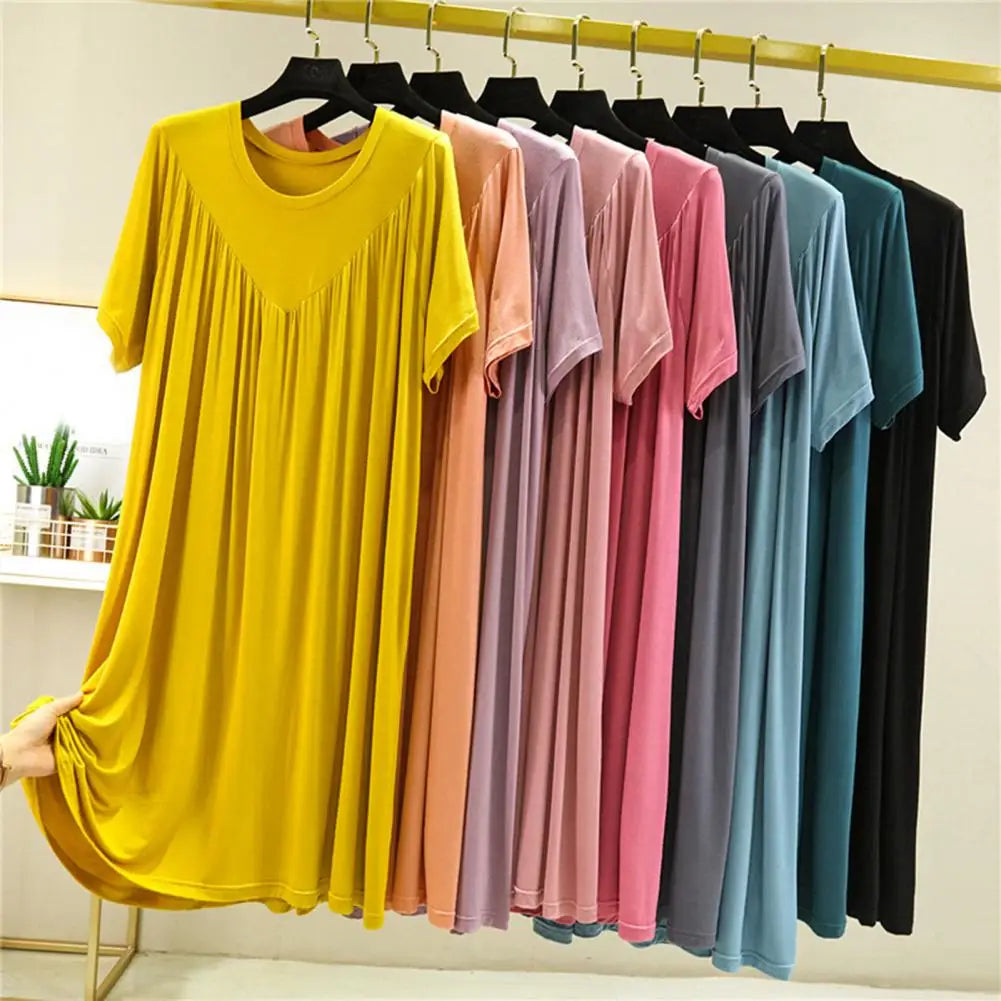 Women Night Dress Pleated Thin Short Sleeves Round Neck Loose Sleeping Solid Color Knee Length Sleepwear Home Dress Women