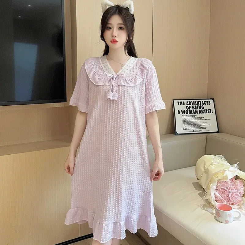 5XL Plus Size Short Sleeve Nightgown Women Japanese Ins Style Pajamas Cotton Homewear Summer Solid Loose Home Dress Sleepwear