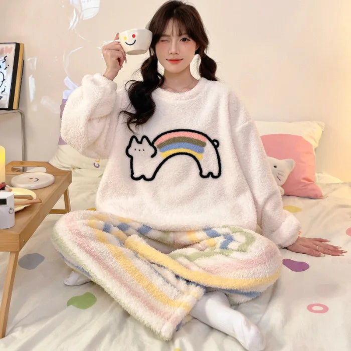 Kawaii Hello Kitty Pajama Suit Long-Sleeved Warm Tops Girl Sweet Pants Thickened Cute Round Neck Pullover Casual Home Wear Suit